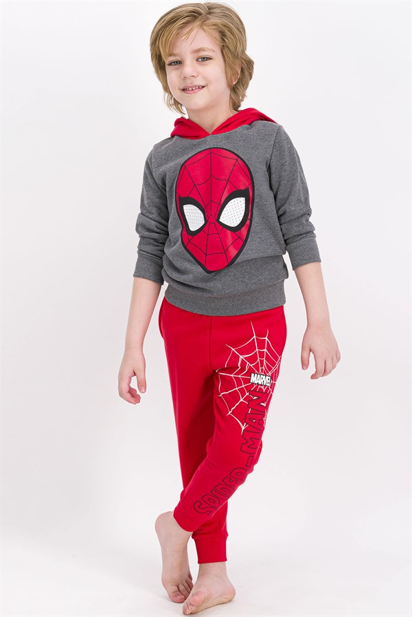 Spider Man Lisanslı Koyu Grimelanj Erkek Çocuk Kapüşonlu Eşofman Takımı