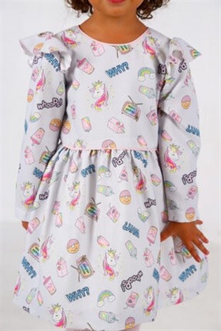 ChatonDor Kız Çocuk Gri Unicorn Desenli Günlük Elbise 5344