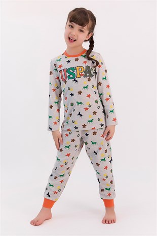 US Polo Assn Yıldızlı Bejmelanj Kız Çocuk Pijama Takımı
