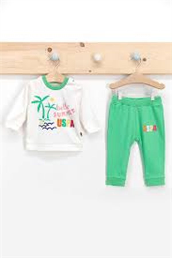 U.S. Polo Assn Lisanslı Hello Summer Yeşil Aqua Erkek Bebek Uzun Kol Takım